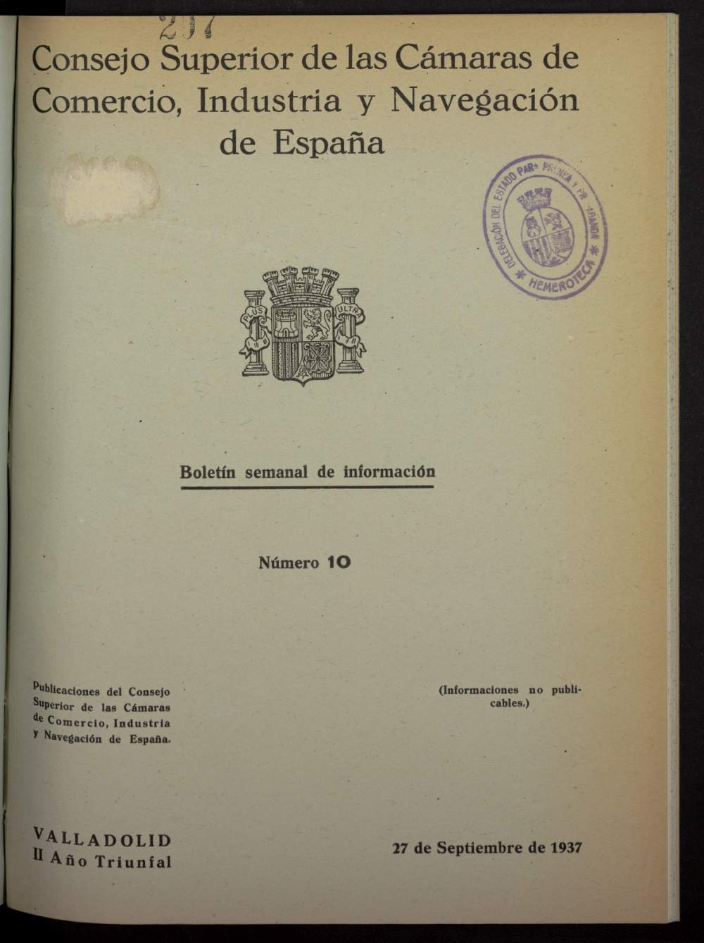 Boletín Semanal de Información. Consejo Superior de las Cámaras de Comercio de España del 27 de septiembre de 1937, nº 10