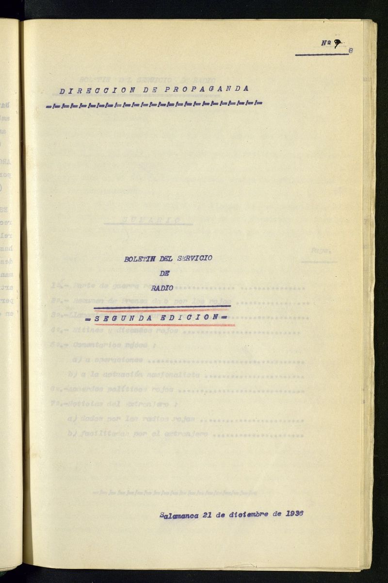Boletín del Servicio de Radio del 21 de diciembre de 1936, nº 9