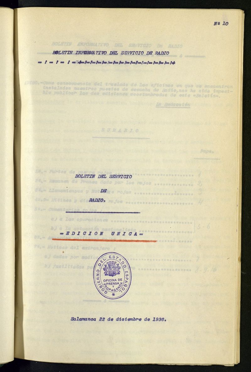 Boletín del Servicio de Radio del 22 de diciembre de 1936, nº 10
