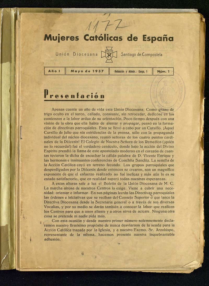 Mújeres católicas de España : Unión Diocesana Santiago de Compostela de mayo de 1937, nº 1