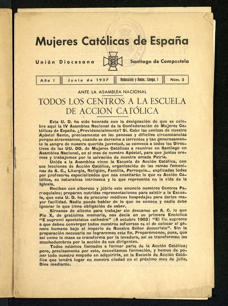 Mújeres católicas de España : Unión Diocesana Santiago de Compostela de junio de 1937, nº 2
