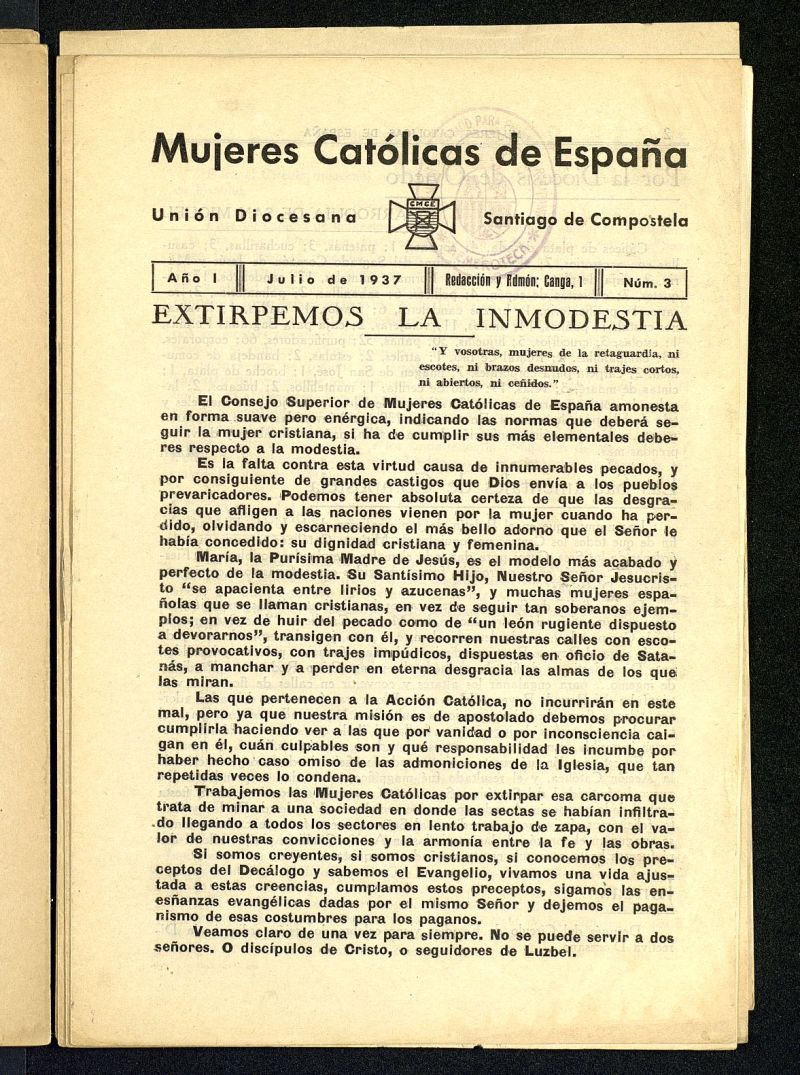 Mújeres católicas de España : Unión Diocesana Santiago de Compostela de julio de 1937, nº 3