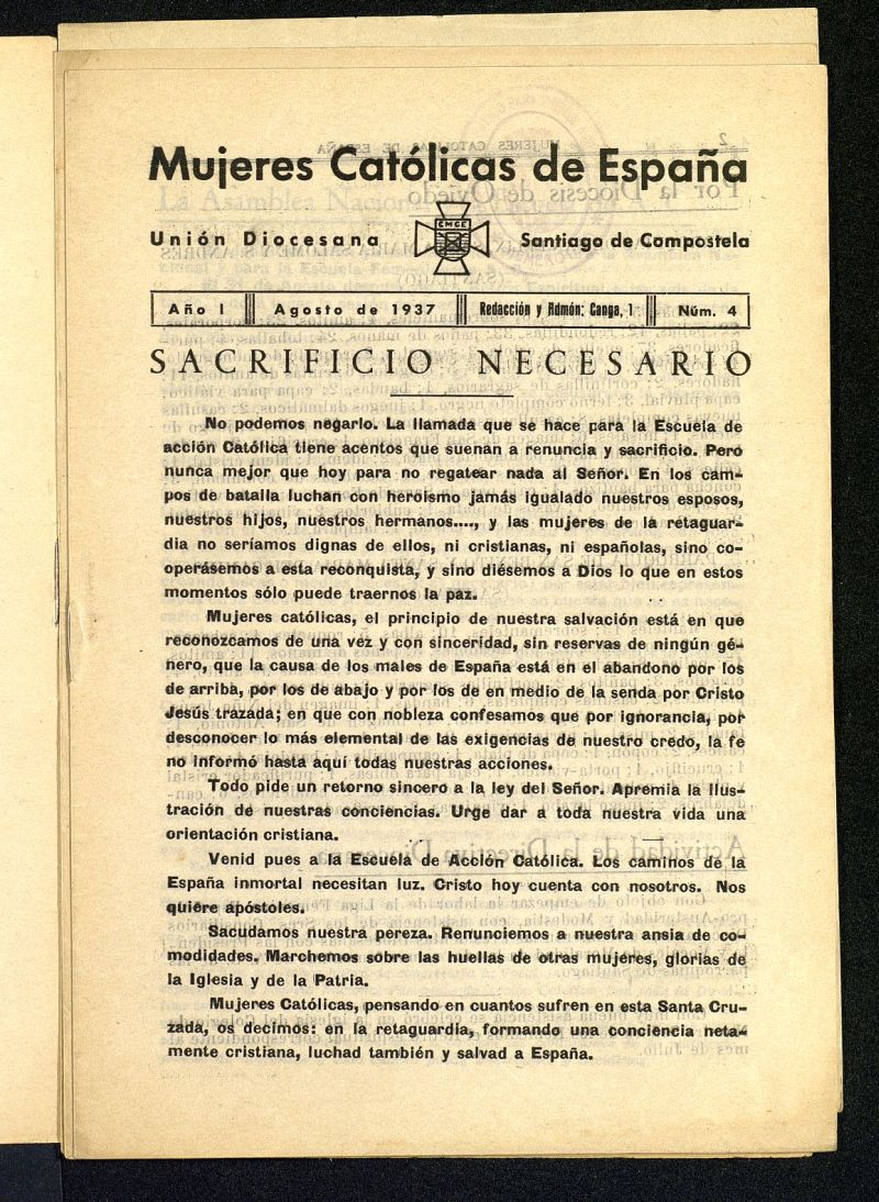 Mújeres católicas de España : Unión Diocesana Santiago de Compostela de agosto de 1937, nº 4