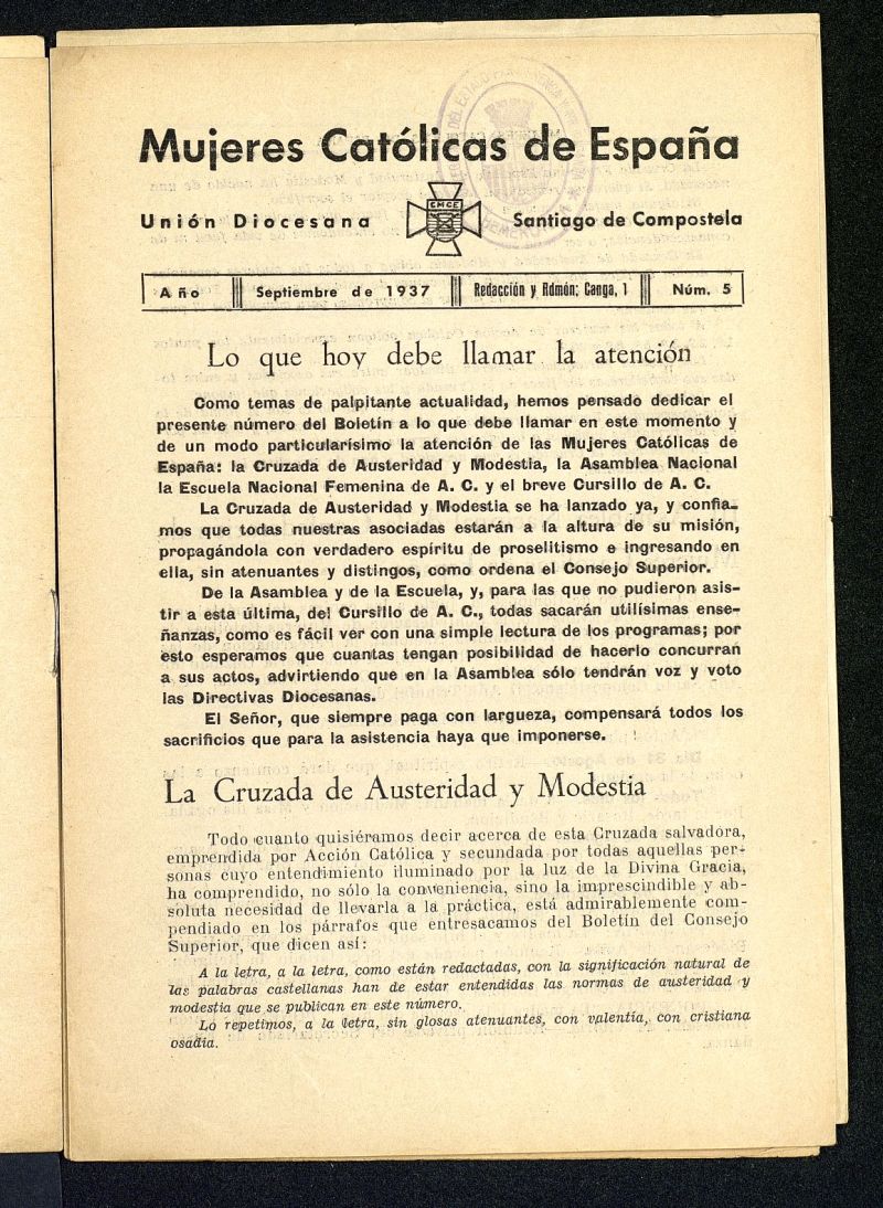 Mújeres católicas de España : Unión Diocesana Santiago de Compostela de septiembre de 1937, nº 5
