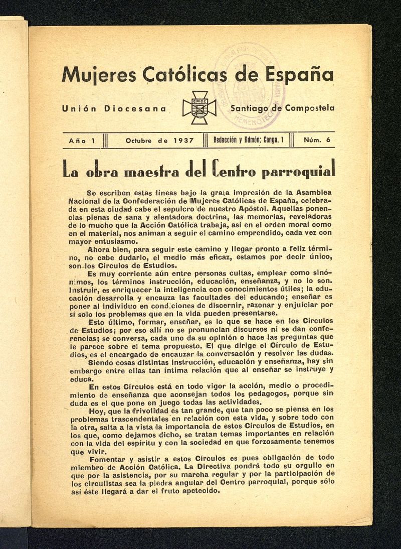 Mújeres católicas de España : Unión Diocesana Santiago de Compostela de octubre de 1937, nº 6