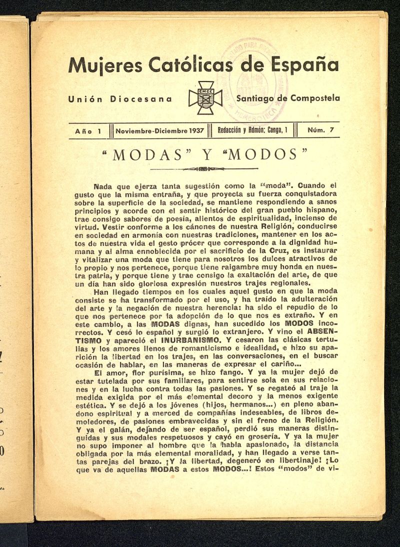 Mújeres católicas de España : Unión Diocesana Santiago de Compostela de noviembre y diciembre de 1937, nº 7