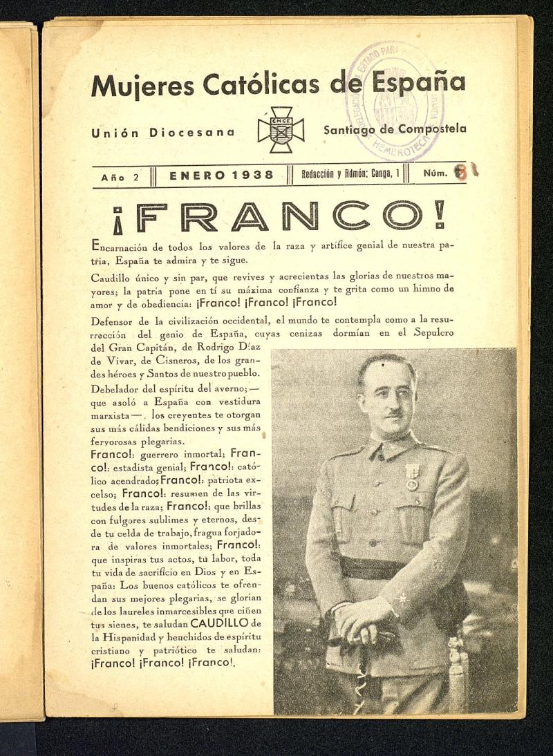 Mújeres católicas de España : Unión Diocesana Santiago de Compostela de enero de 1938, nº 8