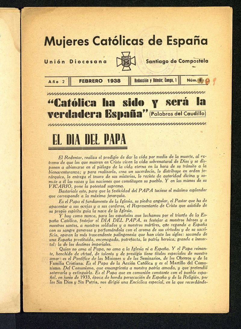 Mújeres católicas de España : Unión Diocesana Santiago de Compostela de febrero de 1938, nº 9