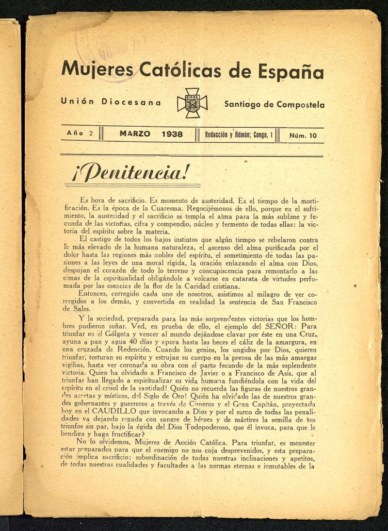 Mújeres católicas de España : Unión Diocesana Santiago de Compostela de marzo de 1938, nº 10