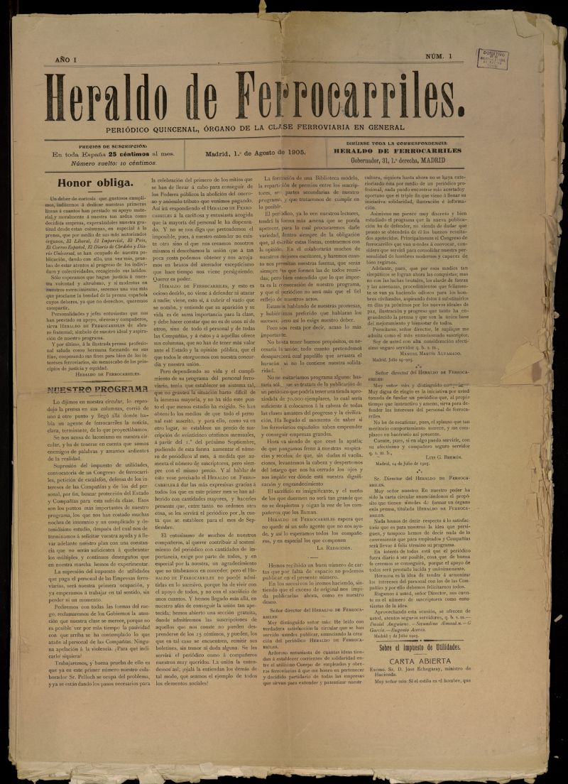Heraldo de Ferrocarriles : peridico quincenal del 1 de agosto de 1905, n 1