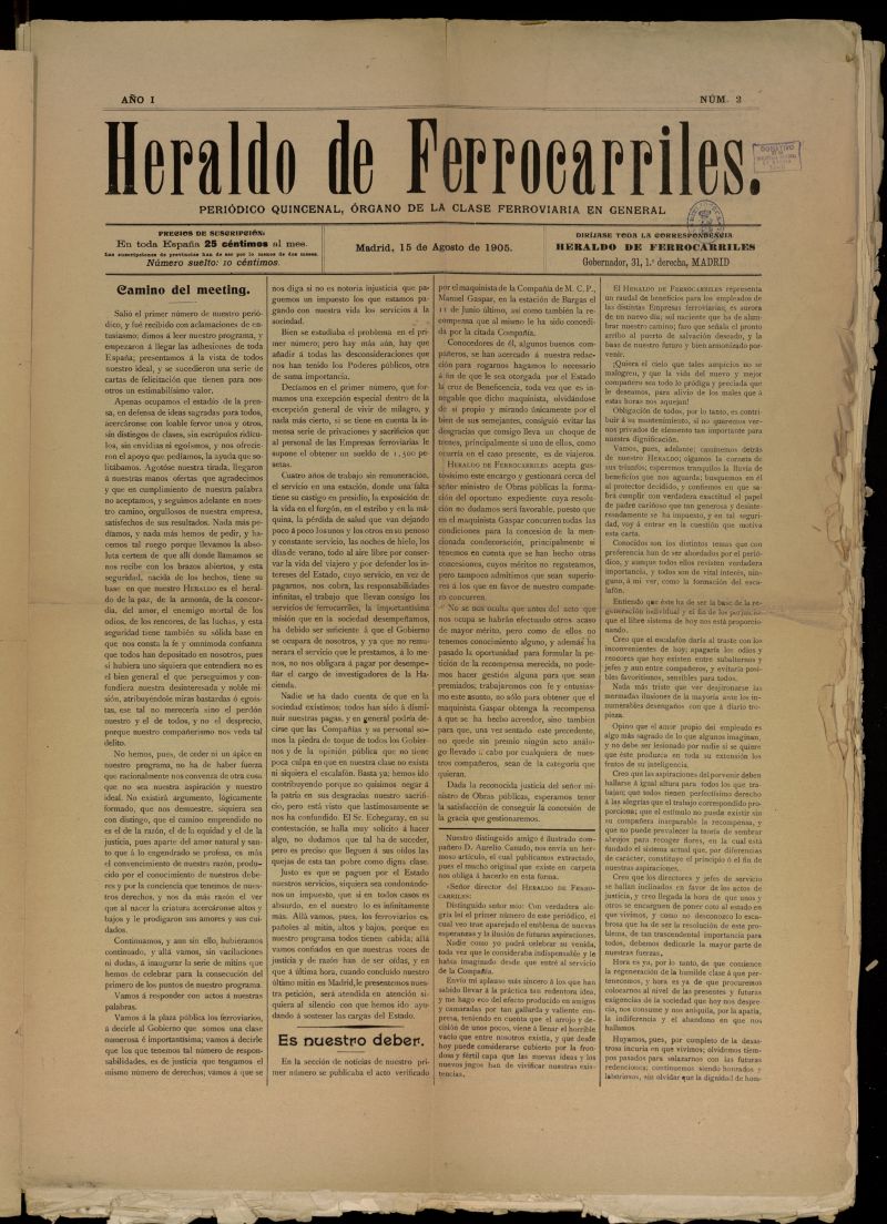 Heraldo de Ferrocarriles : peridico quincenal del 15 de agosto de 1905, n 2