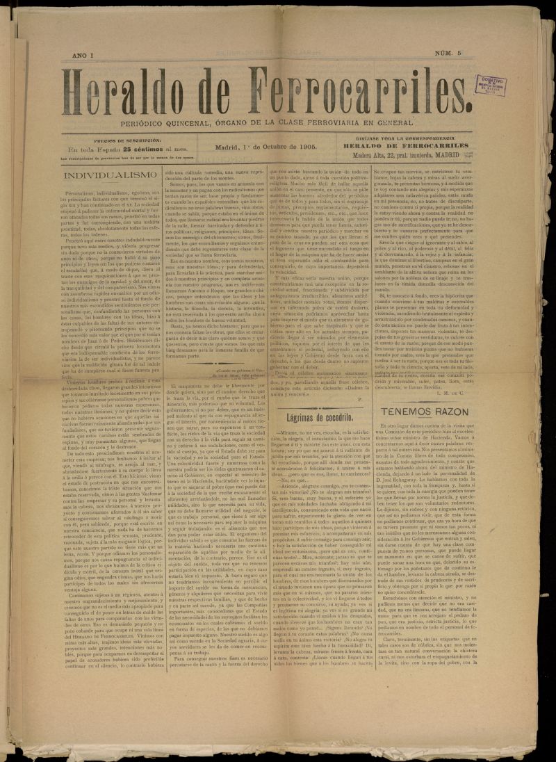 Heraldo de Ferrocarriles : peridico quincenal del 1 de octubre de 1905, n 5