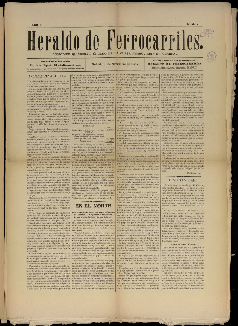 Heraldo de Ferrocarriles : peridico quincenal del 1 de noviembre de 1905, n 7