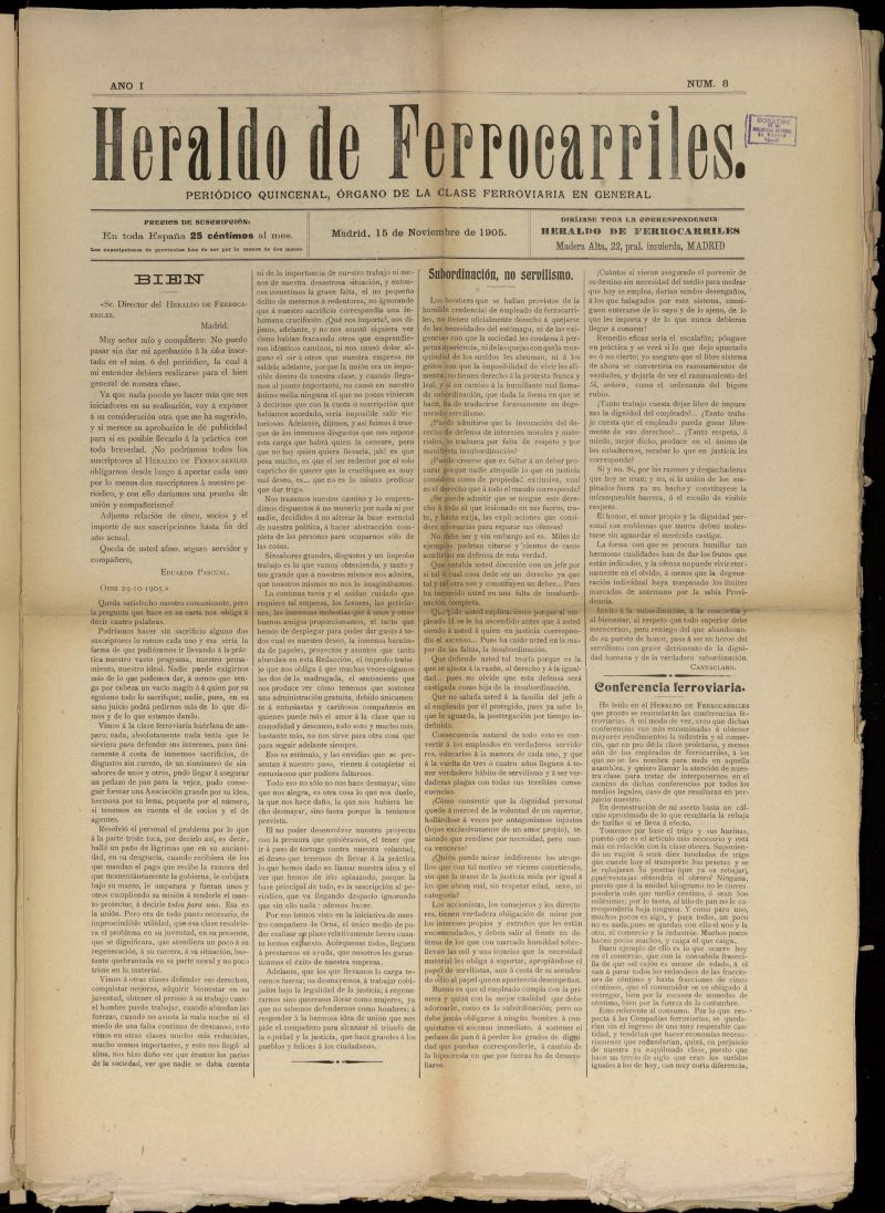Heraldo de Ferrocarriles : peridico quincenal del 15 de noviembre de 1905, n 8