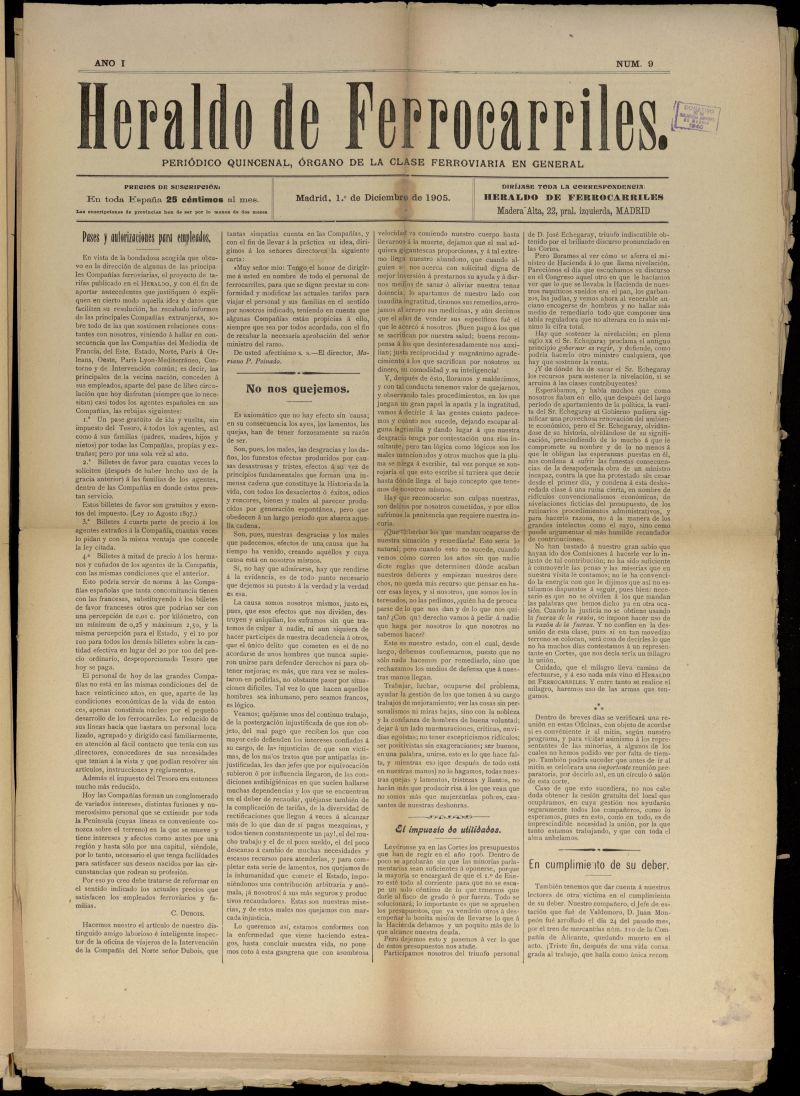 Heraldo de Ferrocarriles : peridico quincenal del 1 de diciembre de 1905, n 9