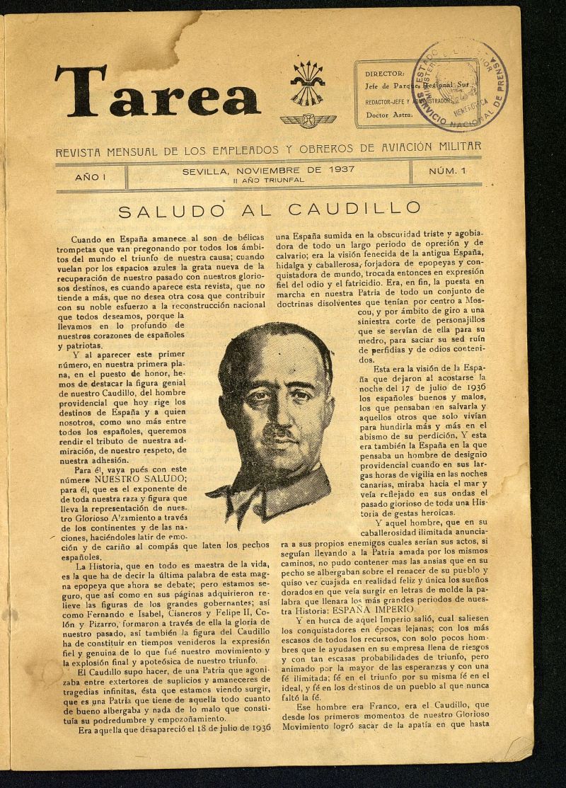 Tarea : revista mensual de los empleados y obreros de aviación militar de noviembre de 1937, nº 1