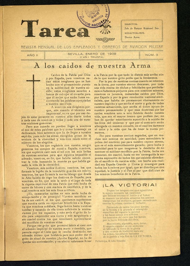 Tarea : revista mensual de los empleados y obreros de aviación militar de enero de 1938, nº 3