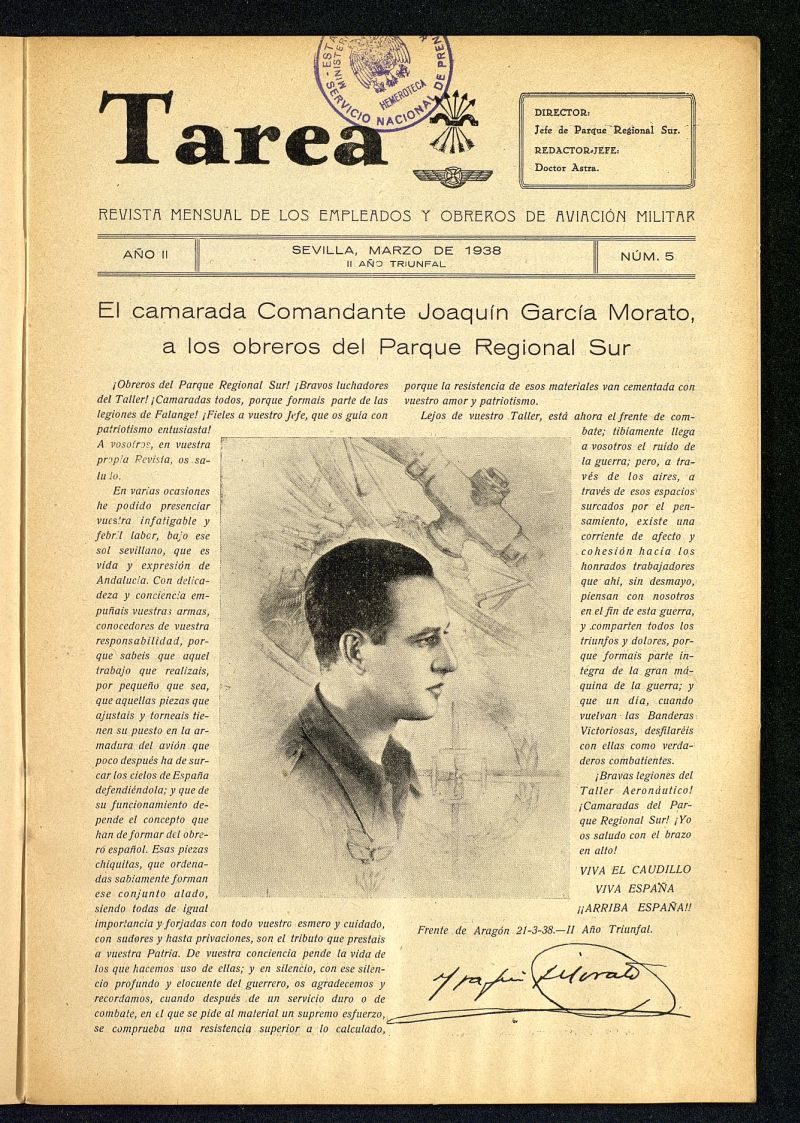 Tarea : revista mensual de los empleados y obreros de aviación militar de marzo de 1938, nº 5