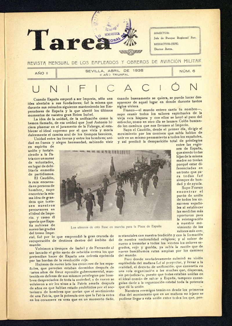 Tarea : revista mensual de los empleados y obreros de aviación militar de abril de 1938, nº 6