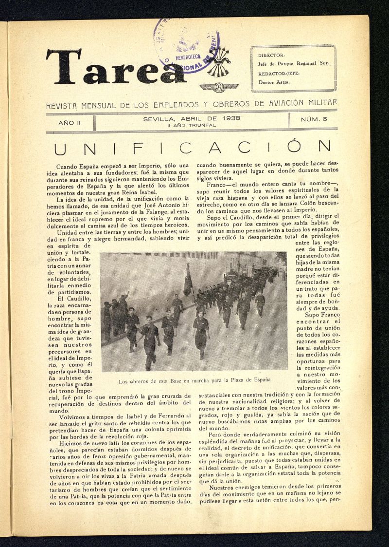 Tarea : revista mensual de los empleados y obreros de aviacin militar de abril de 1938, n 6