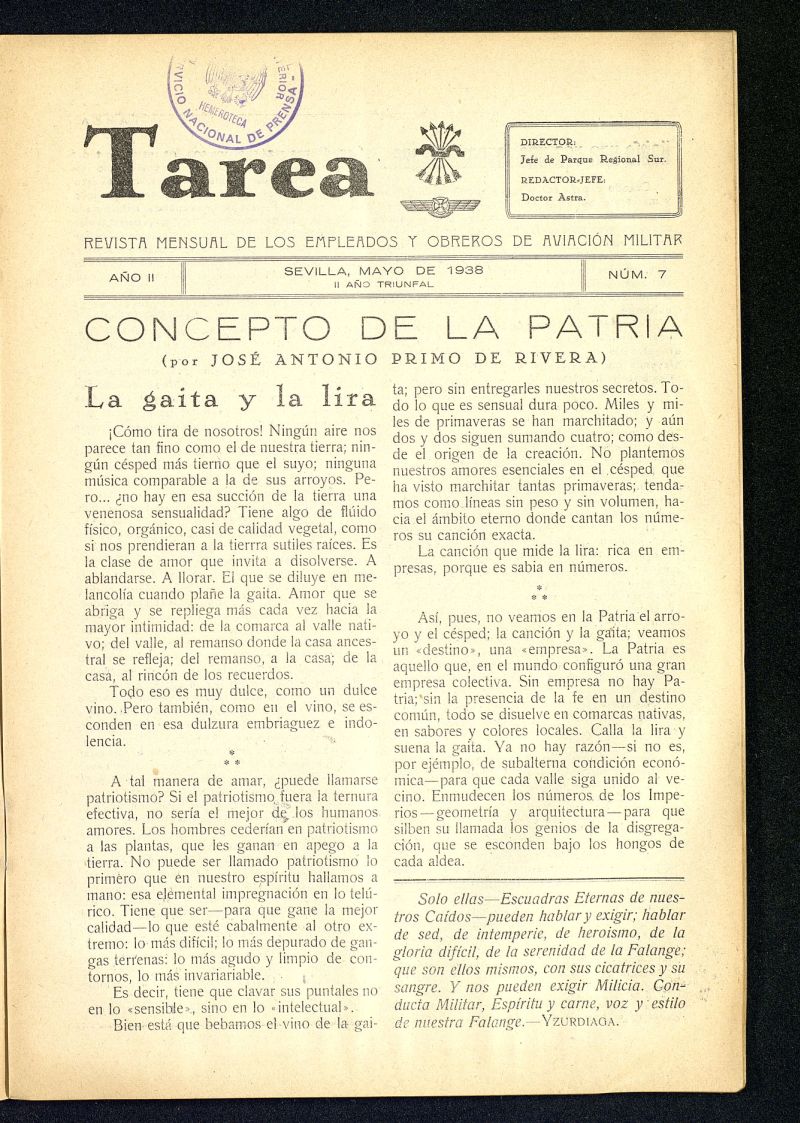 Tarea : revista mensual de los empleados y obreros de aviación militar de mayo de 1938, nº 7