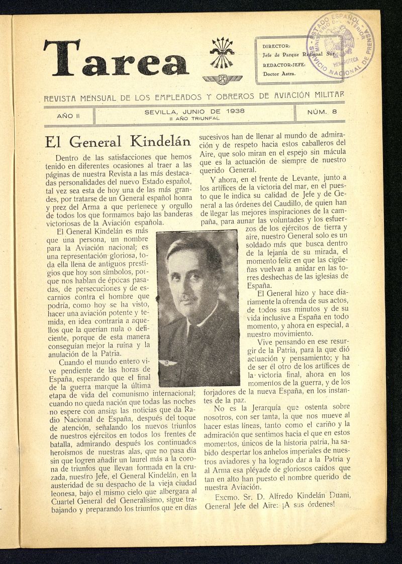 Tarea : revista mensual de los empleados y obreros de aviacin militar de junio de 1938, n 8