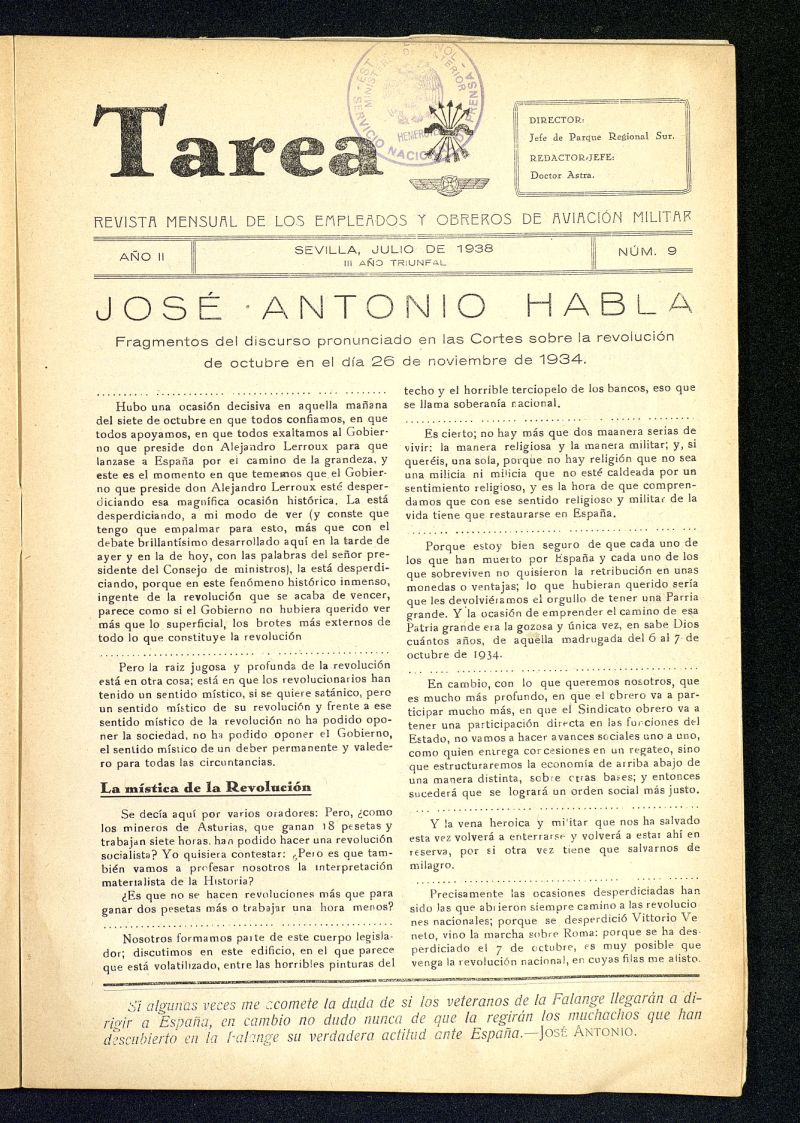 Tarea : revista mensual de los empleados y obreros de aviación militar de julio de 1938, nº 9