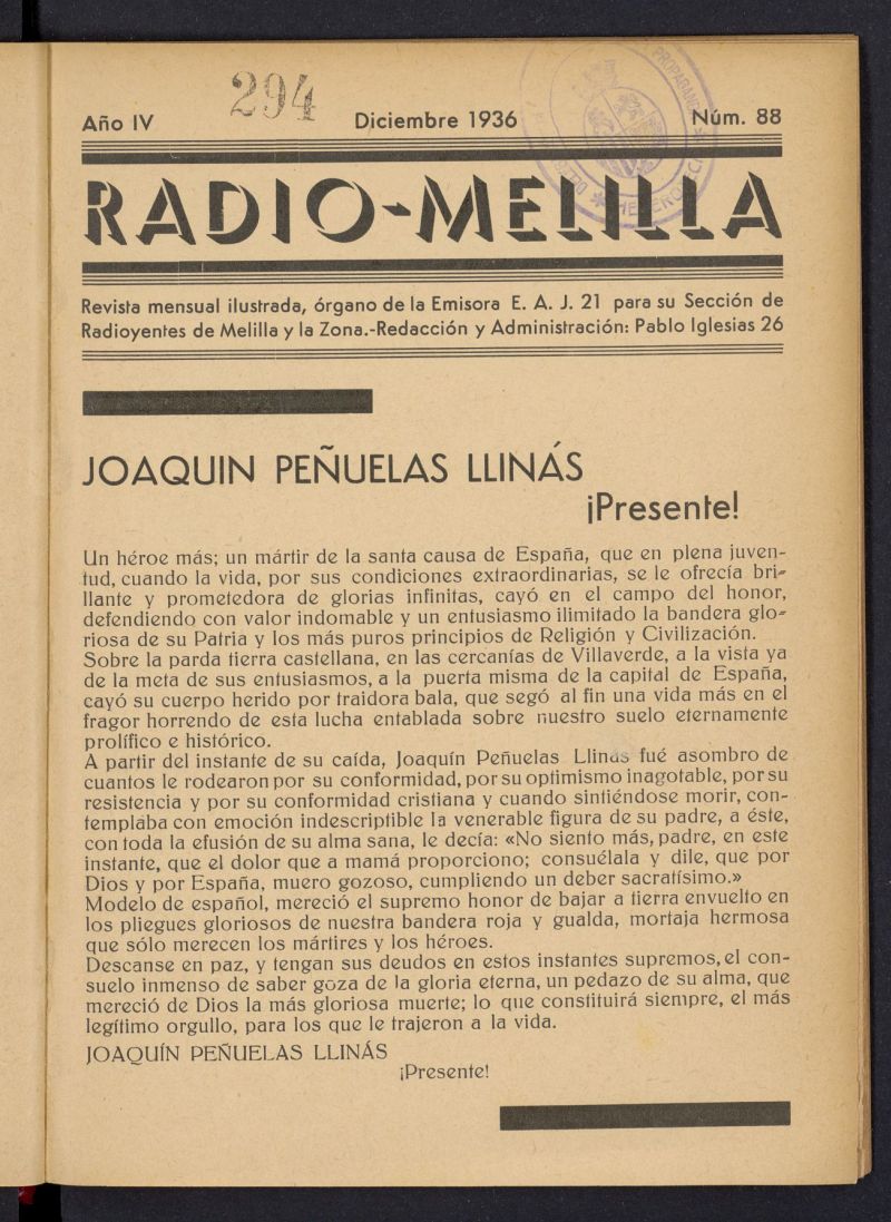 Radio Melilla de diciembre de 1936, nº 88
