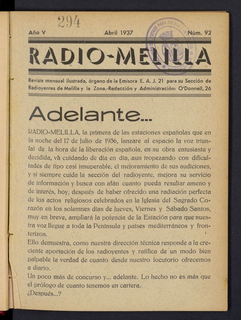 Radio Melilla de abril de 1937, nº 92