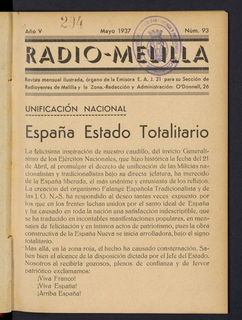 Radio Melilla de mayo de 1937, nº 93