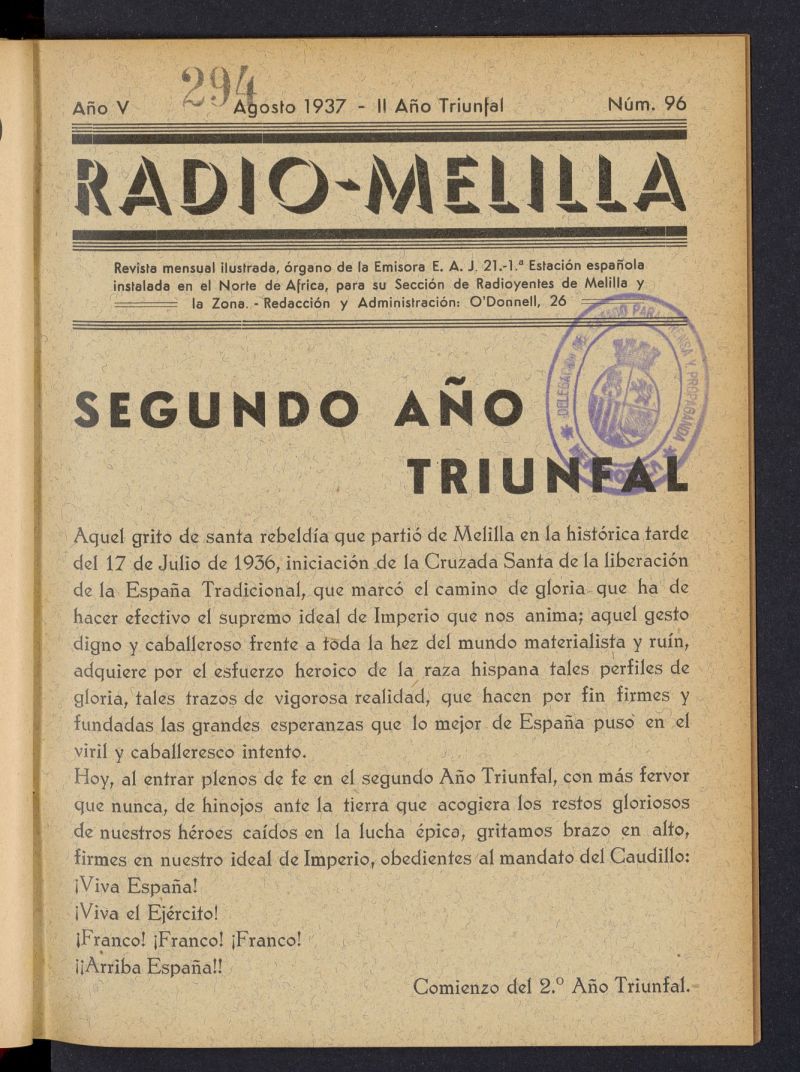Radio Melilla de agosto de 1937, nº 96