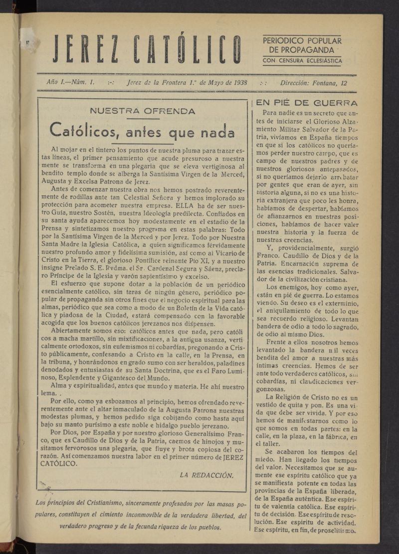 Jerez católico : periódico popular de propaganda  del 1 de mayo de 1938, nº 1