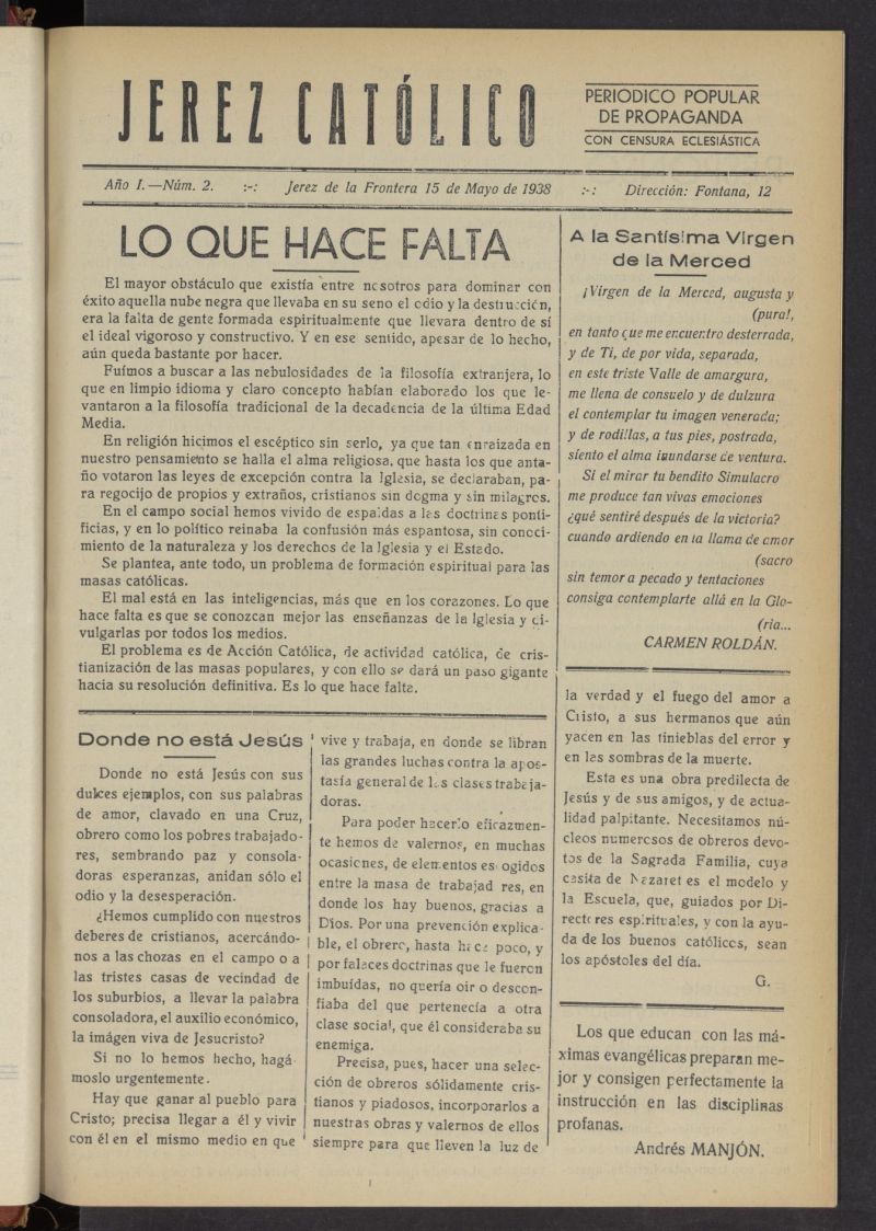 Jerez católico : periódico popular de propaganda  del 15 de mayo de 1938, nº 2