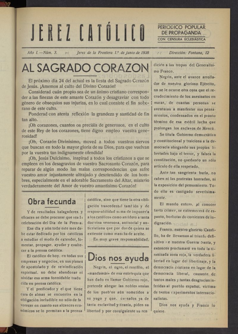 Jerez católico : periódico popular de propaganda  del 1 de junio de 1938, nº 3
