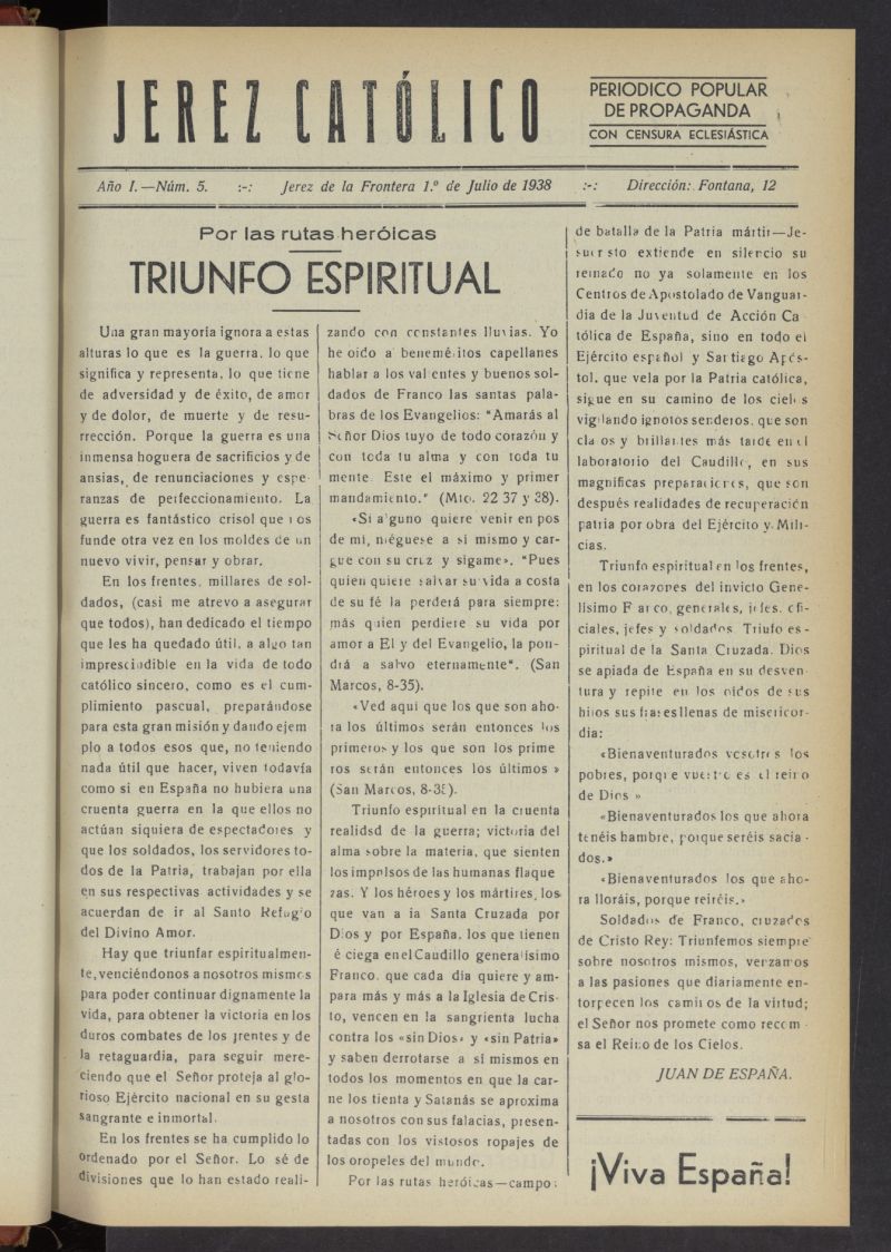 Jerez católico : periódico popular de propaganda  del 1 de julio de 1938, nº 5