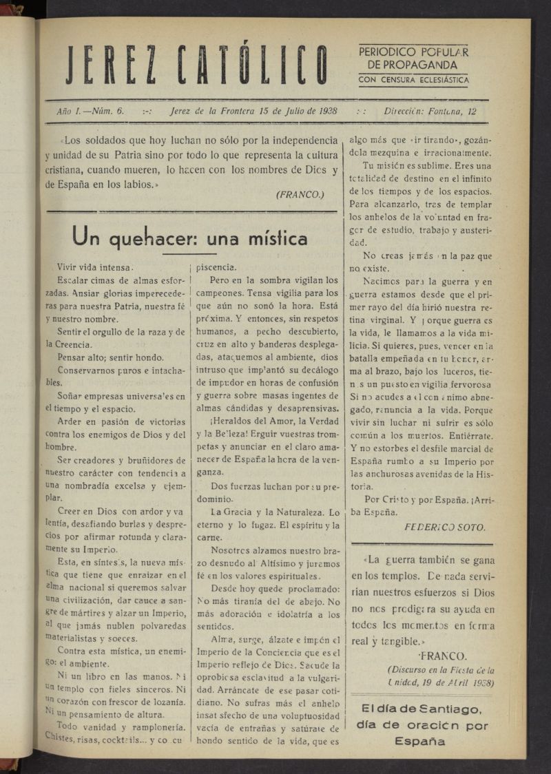Jerez católico : periódico popular de propaganda  del 15 de julio de 1938, nº 6