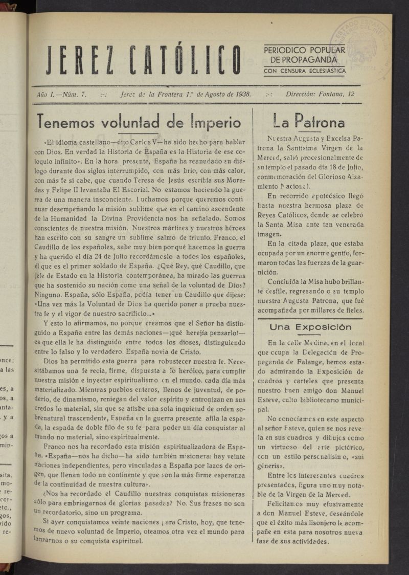 Jerez católico : periódico popular de propaganda  del 1 de agosto de 1938, nº 7