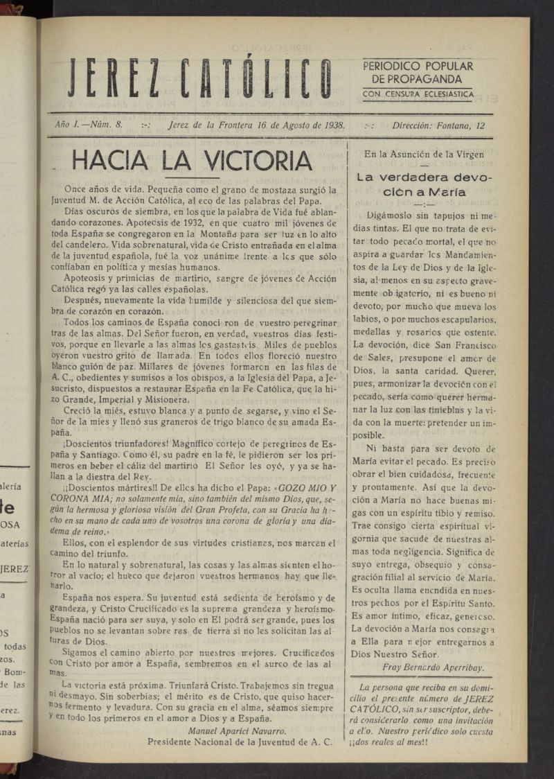 Jerez católico : periódico popular de propaganda del 16 de agosto de 1938, nº 8