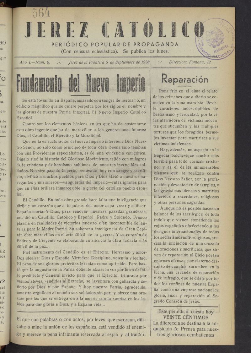 Jerez católico : periódico popular de propaganda del 5 de septiembre de 1938, nº 9