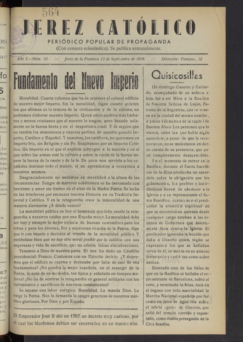 Jerez católico : periódico popular de propaganda  del 13 de septiembre de 1938, nº 10