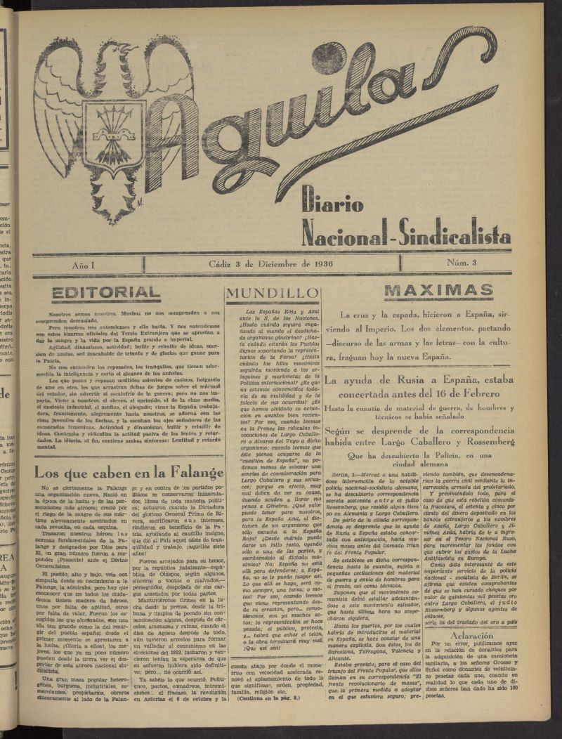 guilas: Diario Nacional-Sindicalista del 3 de diciembre de 1936, n 3