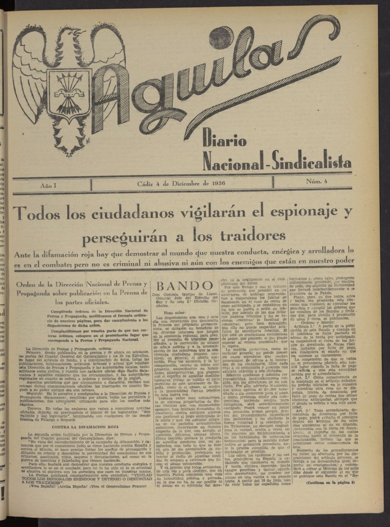 guilas: Diario Nacional-Sindicalista del 4 de diciembre de 1936, n 4