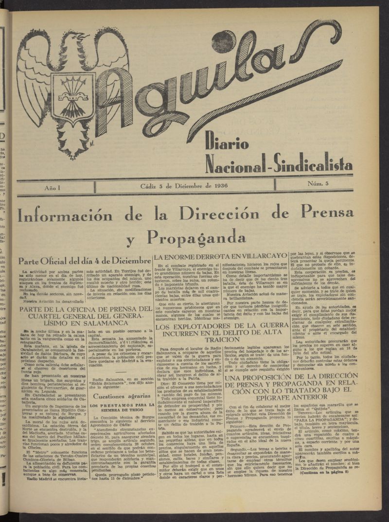 guilas: Diario Nacional-Sindicalista del 5 de diciembre de 1936, n 5