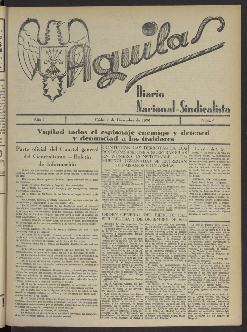 guilas: Diario Nacional-Sindicalista del 7 de diciembre de 1936, n 6