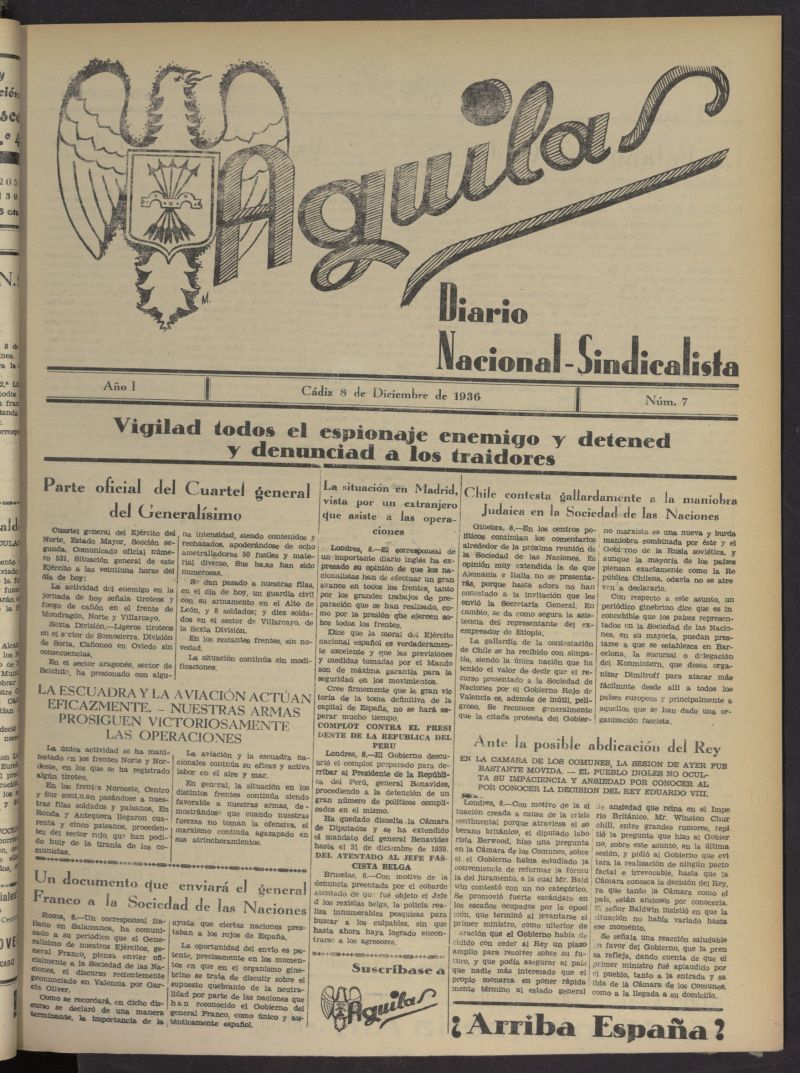 guilas: Diario Nacional-Sindicalista del 8 de diciembre de 1936, n 7