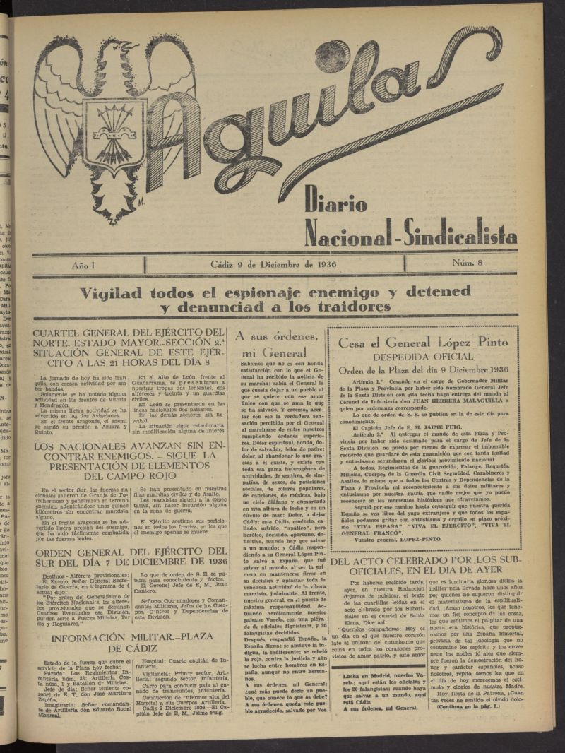 guilas: Diario Nacional-Sindicalista del 9 de diciembre de 1936, n 8