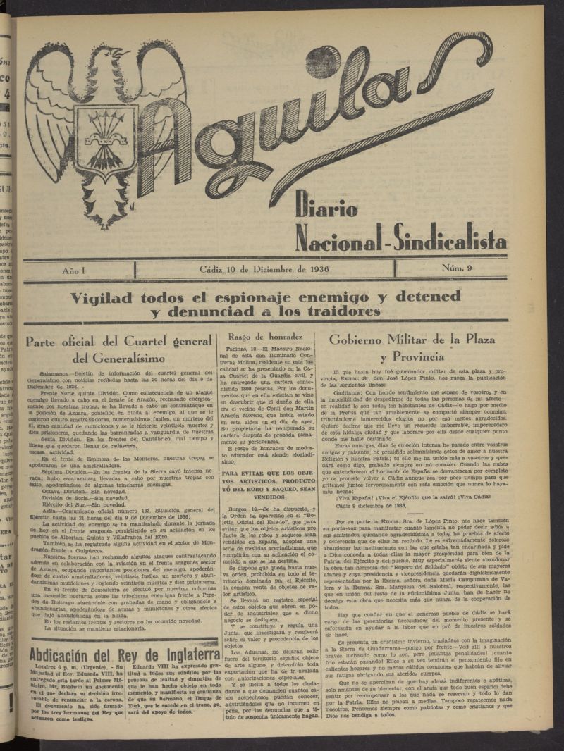 guilas: Diario Nacional-Sindicalista del 10 de diciembre de 1936, n 9