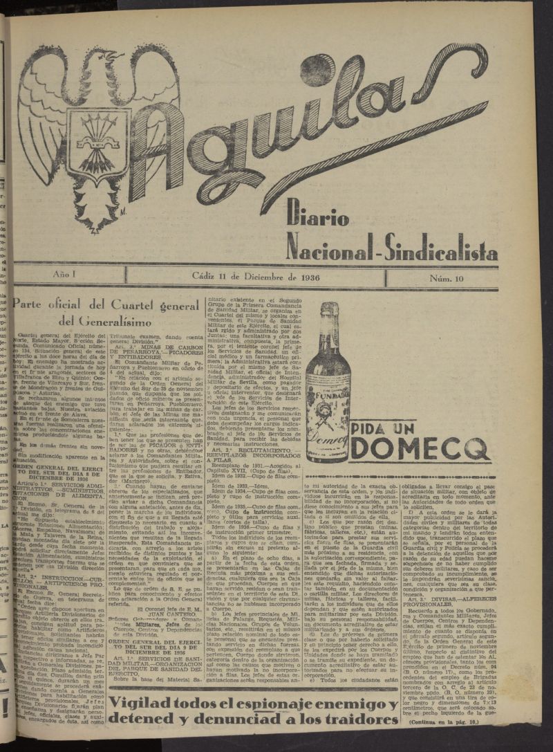 guilas: Diario Nacional-Sindicalista del 11 de diciembre de 1936, n 10