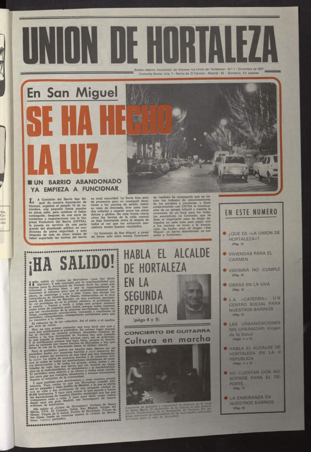 La Unión de Hortaleza de diciembre de 1977, nº 1