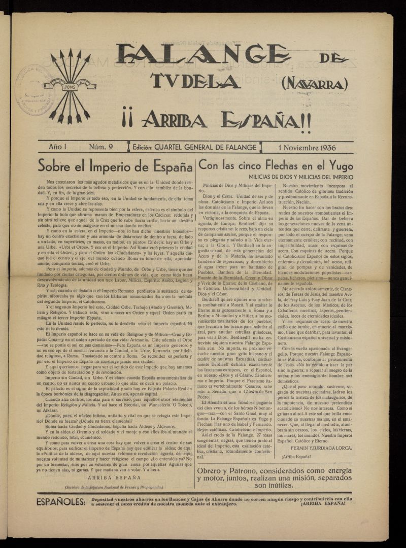 Falange de Tudela del 1 de noviembre de 1936, n 9